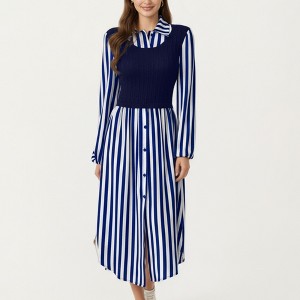 Anna-Kaci Women's Long Sleeve Striped Button-Front Midi Dress with Knit Vest Overlay and Collared Neckline - 1 of 4