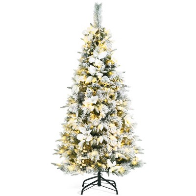 Costway 5ft Pre-lit Snow Flocked Christmas Tree w/ Berries & Poinsettia Flowers