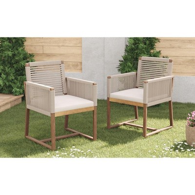 MAYEERTY Outdoor Dining Chairs Set of 2 Acacia Wood Rope Design Light brown Washable Cushion Backyard
