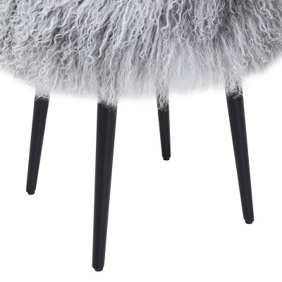 Dimensional Gray Mongolian Sheepskin Round Ottoman with Black Metal Legs