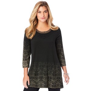 Roaman's Women's Plus Size V Neck Lace Print Ultra Femme Tee - 1 of 4