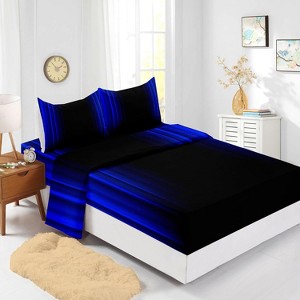Blue and Black Queen Sheet Set – 4Pcs Ombre Gradient Bedding with 1 Flat Sheet, 1 Fitted Sheet, 2 Pillowcases, Modern Metallic Geometric Art - 1 of 4