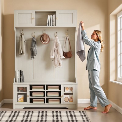 Luck Live Bathroom Storage Cabinet, 46.45 Inches High, with Stool Storage Function and Four-Hook Entry Organizer
