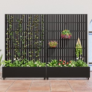 Wooakway Black Metal Planter Box with Trellis Raised Garden Bed with Arbor Privacy Screen with Wheels - 1 of 4