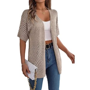 Women's Crochet Lightweight Cardigan Short Sleeve Boho Casual Open Front Sweater Tops - 1 of 4