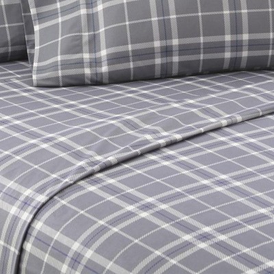 Twin Gray Plaid Cotton and Polyester Flannel Sheet Set
