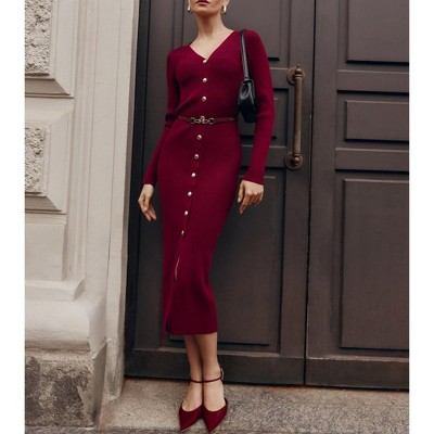 Women Long Sleeve V Neck Slit Sweater Dress Casual Lapel Button Up Slim Ribbed Knit Maxi Dresses