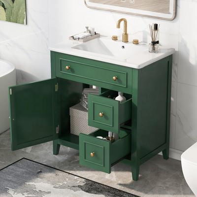 KWPZQEB 30" Bathroom Vanity with Ceramic Sink, Vanity Cabinet with Door & 2 Drawers, Modern Sink Cabinet with Solid Wood Frame for Bathroom