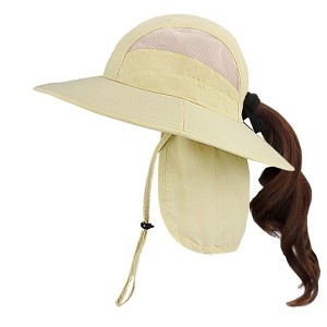 Tirrinia Wide Brim Sun Hat with Ponytail Hole for Women, UV Sun Protection Safari Cap with Neck Flap - 1 of 4