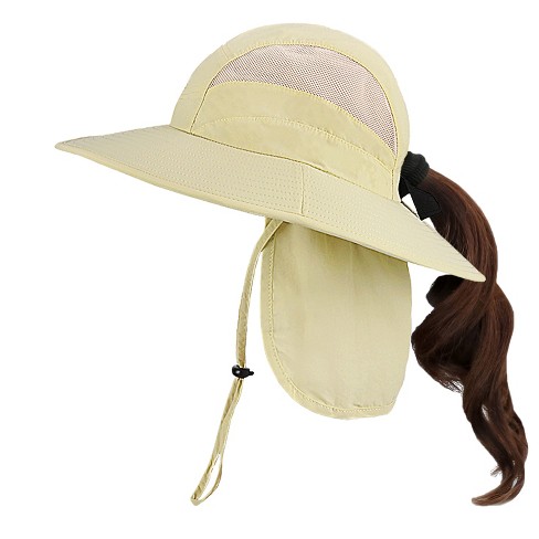 Women Wide Brim Sun UV Protection Sunhat with Removable Face Neck Flap  Foldable Ponytail Fishing Hat