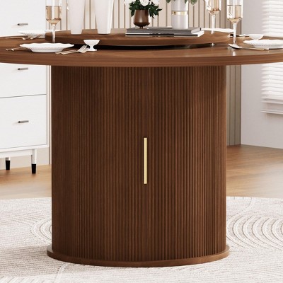 GDFStudio Elodie Rustic Wooden Round Dining Table with 2-Tier Storage Rack and Rotating Tabletop Tray