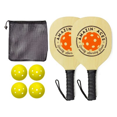 Amazin' Aces Wood Pickleball Set with 2 Wooden Padded Paddles, 4 Yellow Balls, and Carry Bag Great for Schools, Community Centers, and Athletic Clubs