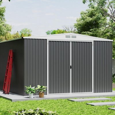 10x10 Shed for Outdoor Storage, Galvanized Steel Metal Tool Sheds House with Lockable Doors, Lock & Air Vent for Patio Garden Lawn