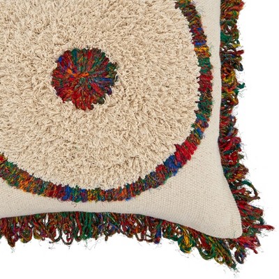 Boho Multicolor Cotton Square Pillow with Fringe, 20"