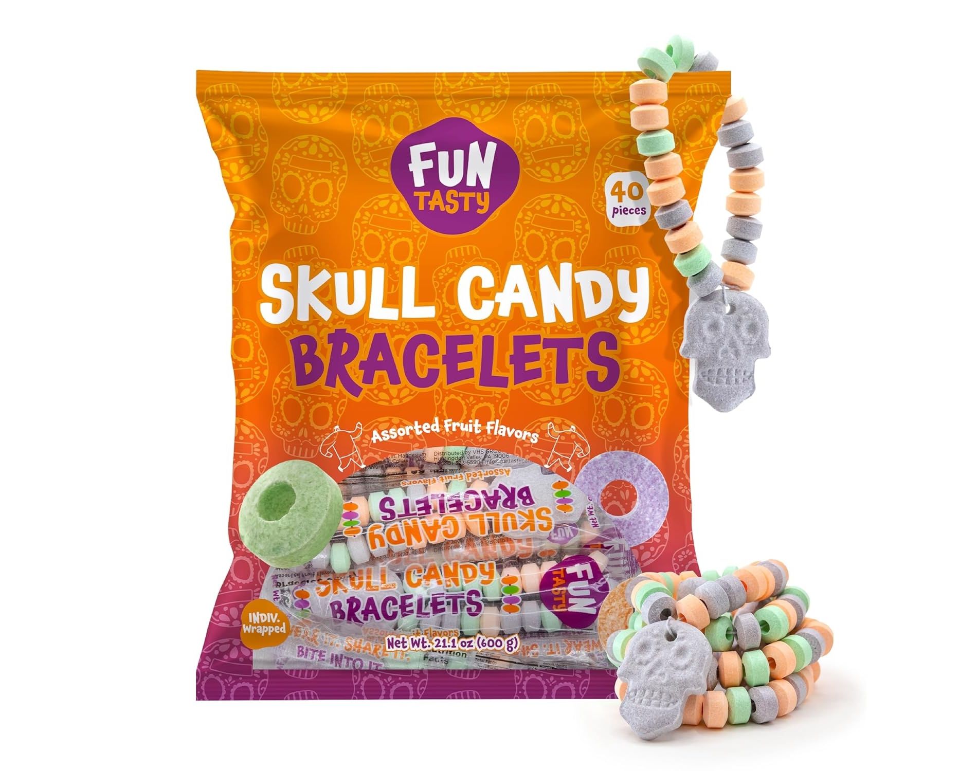 Halloween Candy, Skull Candy Bracelets Individually Wrapped - 40 Count