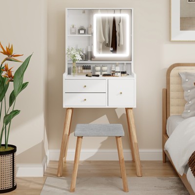 ELECWISH 28.5" White Vanity Desk Set with Adjustable LED Mirror & Stool - 3-Tone Lighting, 3 Drawers, Movable Shelves