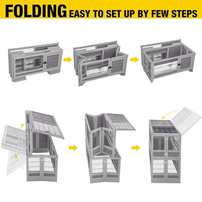 Large Gray Wooden Folding Rabbit Hutch with Wheels