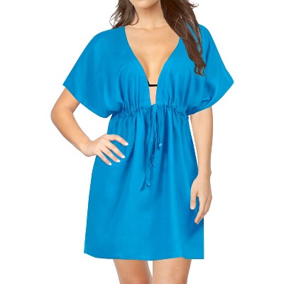 LA LEELA Women's Loose Beachwear Mini Bathing Suit Wraps Swim Cover Up Summer Bikini Dress X-Large-XX-Large Blue, Solid