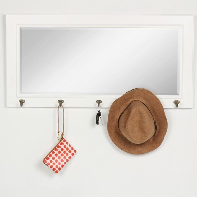Classic Beveled Pub Mirror with White Frame and Metal Hooks 36"x18"