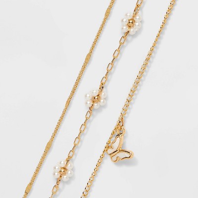 Beaded Floral and Butterfly Charm Anklet Set 3pc - Wild Fable™ Gold: Iron, Brass, Zinc Alloy, Lobster Clasp
