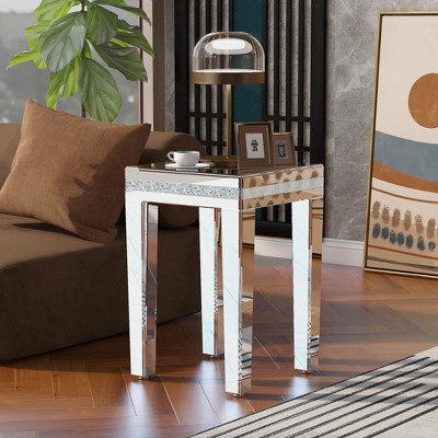 15"W Modern Glass Mirrored End Table Side Table Corner Table with Crystal Design and Adjustable Height Legs, Silver-ModernLuxe
