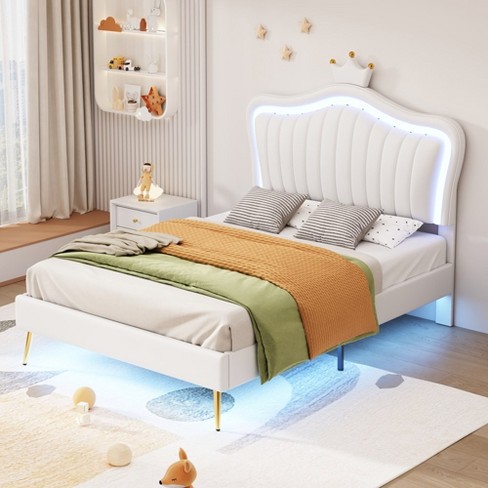 Twin Size Upholstered Bed Frame with LED Lights, Modern Upholstered Princess Bed With Crown Headboard, White - image 1 of 4