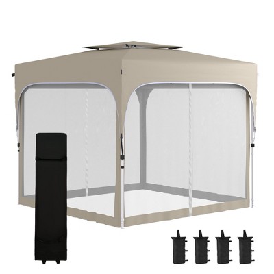 Outsunny 10' x 10' Pop Up Gazebo, Foldable Canopy Tent with Carrying Bag with Wheels, Mesh Sidewalls, 4 Leg Weight Bags and 3-Level Adjustable Height for Outdoor Garden Patio Party, Khaki