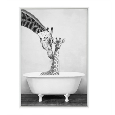 23" x 33" Sylvie Giraffe in Tub Framed Canvas Wall Art by Amy Peterson White - DesignOvation