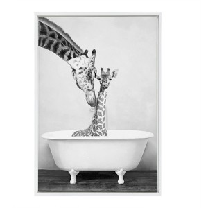 23" x 33" Sylvie Giraffe in Tub Framed Canvas Wall Art by Amy Peterson White - DesignOvation: Modern Style, Animal Screen Print, Plastic Frame - 1 of 4