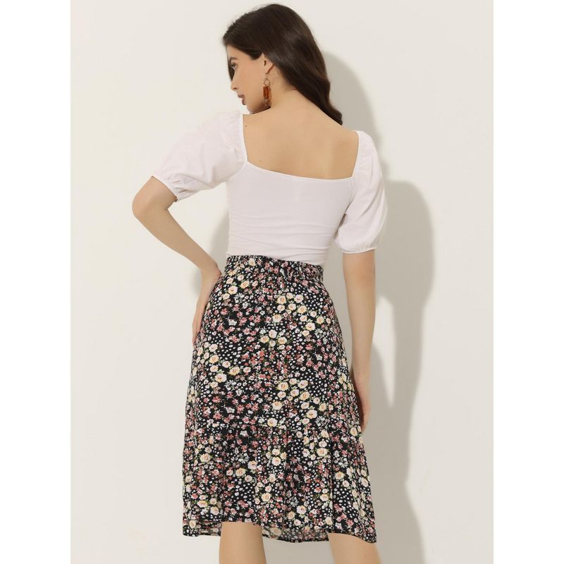 Allegra K Women's Floral Print Ruffle Hem High Elastic Waist Casual A-Line Midi Skirt, 4 of 6