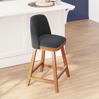 Set of 2 Charcoal Faux Linen Upholstered Counter Stools with Walnut Wood Frame
