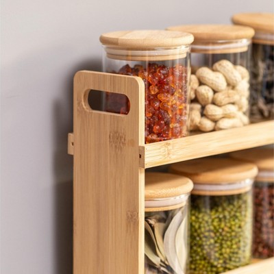 Basicwise 3-Tier Bamboo Spice Rack & Pantry Organizer with 12 Glass Jars.Perfect for Storage in Kitchens to Keep Seasoning Containers Neatly Displayed — фото 4