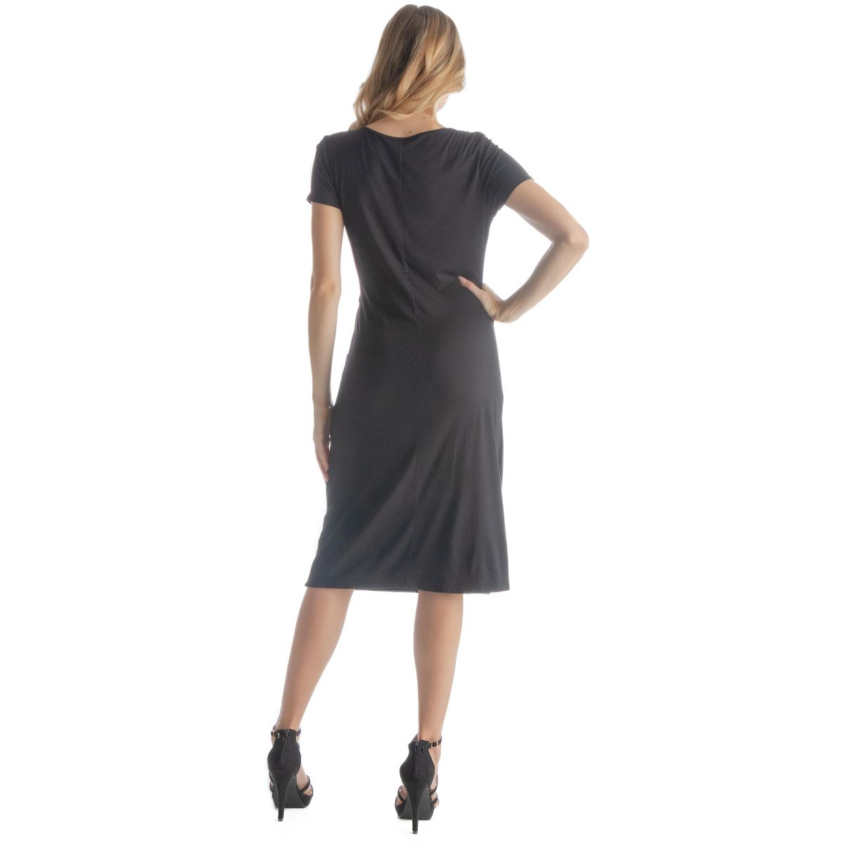 Petite Short Sleeve Knee Length Faux Wrap Dress - 24seven Comfort Apparel™ - thumbnail 3