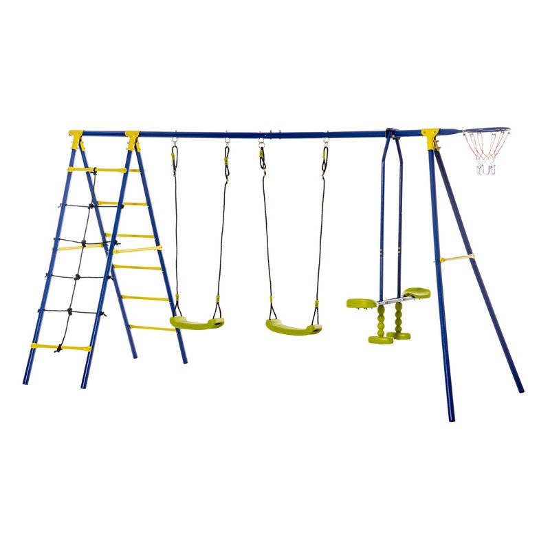 Outsunny Kids Metal Swing Set for Backyard, Outdoor Play Equipment, with Adjustable Swing Seat, Glider, Basket Hoop, Climb Ladder & Rope, Blue, 1 of 7