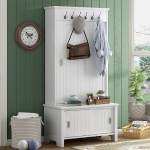 Hall Tree With Sliding Doors Wooden Shoe Cabinet With Storage Bench Adjustable Shelves Modern Coat Rack With Hooks For Entryway Hallway Living Room - 1 of 4
