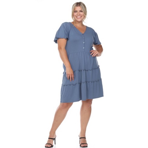 Plus Size Short Sleeve V-neck Tiered Midi Dress Blue 1x - White Mark :  Target