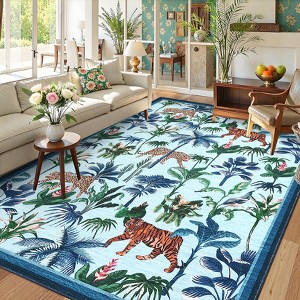 Living Room Rug Jungle Tiger Area Rug Plant Rugs Low Pile Non Shedding Soft Accent Carpet for Bedroom, Dining Room - 1 of 4