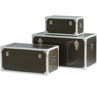 Black Faux Leather and Metal Storage Trunk Set of 3