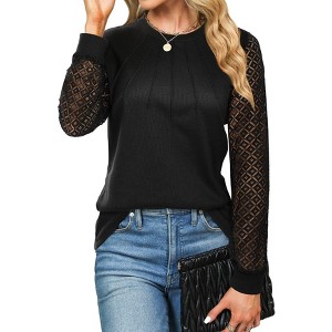 Womens Fall Casual Lace Long Sleeve Shirts Pleat Crew Neck Knitted Tops Business Fashion Outfits Clothes Blouses - 1 of 4