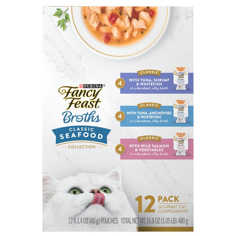 Purina Fancy Feast Broths Lickable Classic Collection Gourmet Wet Cat Food Complement Seafood, Tuna, Salmon, Shrimp, Fish - 1.4oz/12ct Variety Pack, 6 of 9