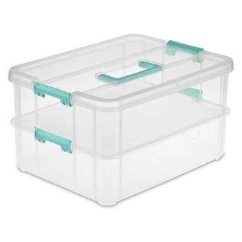 Sterilite Convenient Small Home 2-Tiered Layer Stack Carry Storage Box with Colored Accent Secure Latching Lid, Clear (16 Pack)