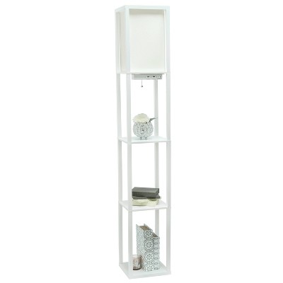 White Wood Floor Lamp with Shelves and Linen Shade
