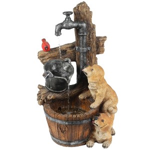 LuxenHome 30" Farmhouse Playful Puppy Resin Water Fountain Outdoor with Barrel and LED Lights Brown - 1 of 4