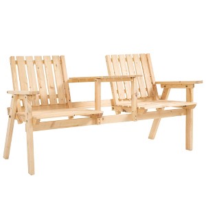 Outsunny Patio Bench, Wood Garden Bench with Center Table & Umbrella Hole, Wooden Outdoor 2 Chair Set, Slatted, Varnished - 1 of 4