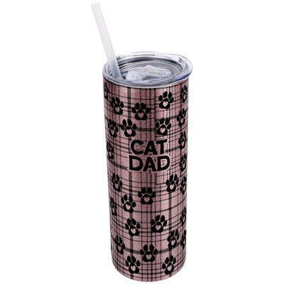 Elanze Designs Plaid Paw Prints Bubblegum Pink 20 Ounce Double Wall Stainless Steel Glitter Travel Tumbler With Sliding Lid And Straw, Cat Dad