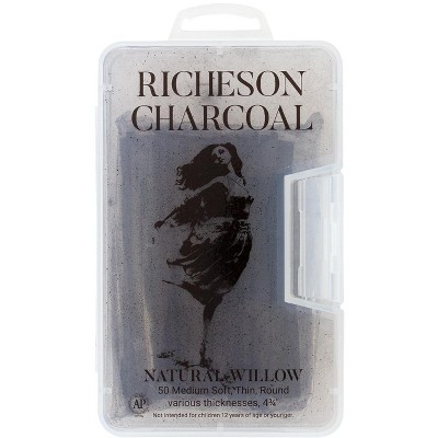 Richeson Natural Willow Non-Toxic Medium Soft Round Thin Charcoal Stick, 4-3/8  in, Black, pk of 50