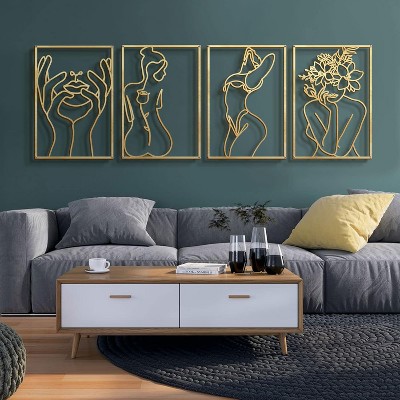 Attop 4 Pack Gold Wall Art Décor, Minimalist Single Line Real Metal Wall Art Body Shape Abstract Wall Art Gold 17 x 11.8''