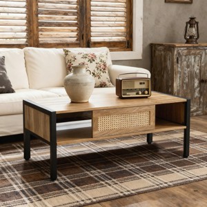 LIVAREEmlen Wooden Coffee Table with Storage Drawer and Rattan Design, Contemporary Living Room Table - 1 of 4