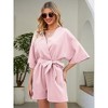 Rompers for Women Summer Casual V Neck Short Belted Wrap Flared Half Sleeve Waist Tie Romper - 3 of 4