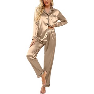 Ekouaer Women's Classic Button Down Long Satin Silk Pajama Set - 1 of 4